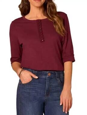 NEW DEMOCRACY henley crochet knit top with elbow roll cuff in plum
